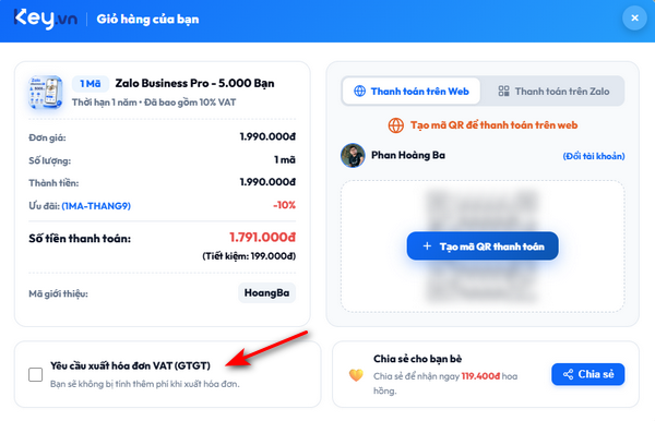 Làm sao để xuất hóa đơn trên Key.vn ?