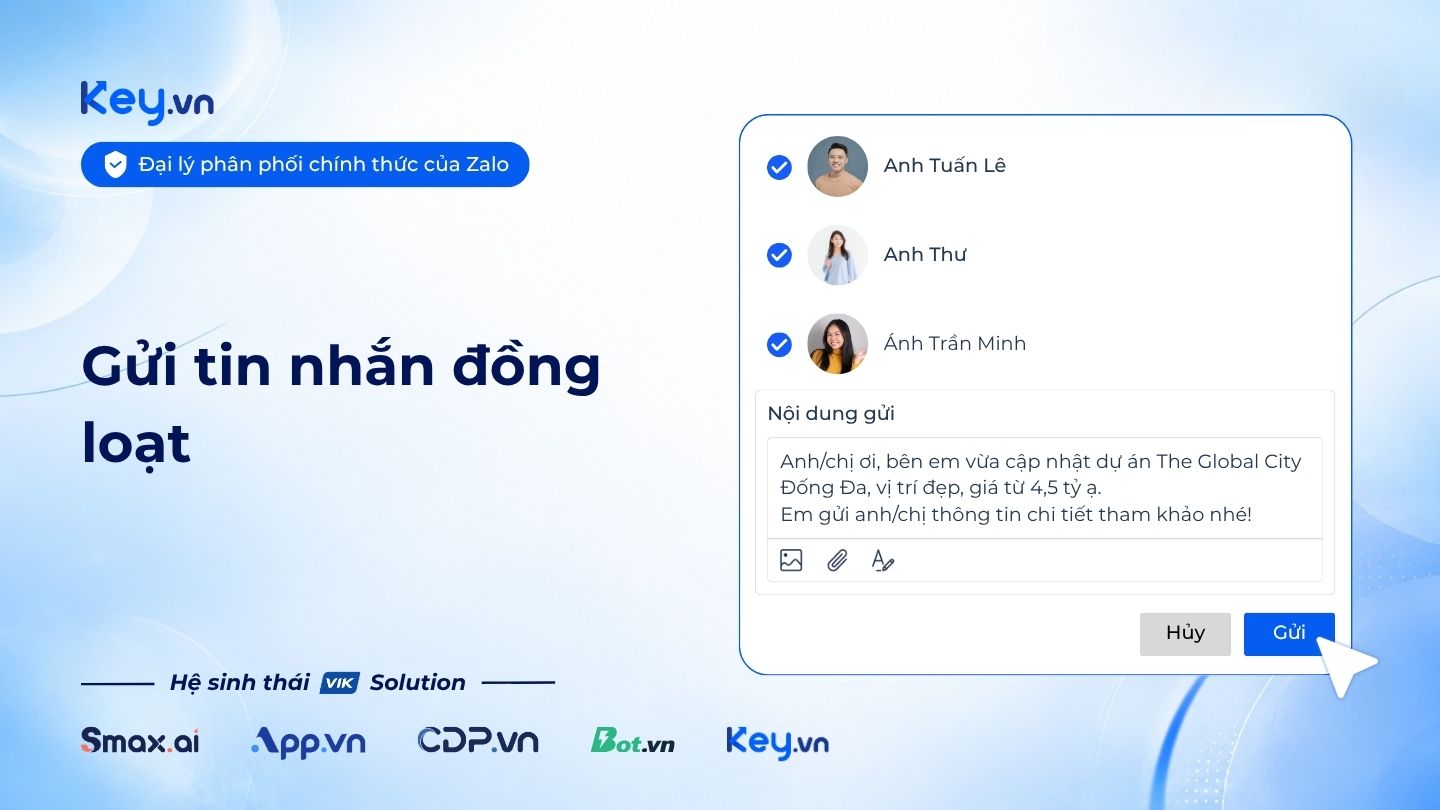 Minh họa hành động gửi tin nhắn đồng loạt cho 3 người với nội dung cập nhật dự án bất động sản mới