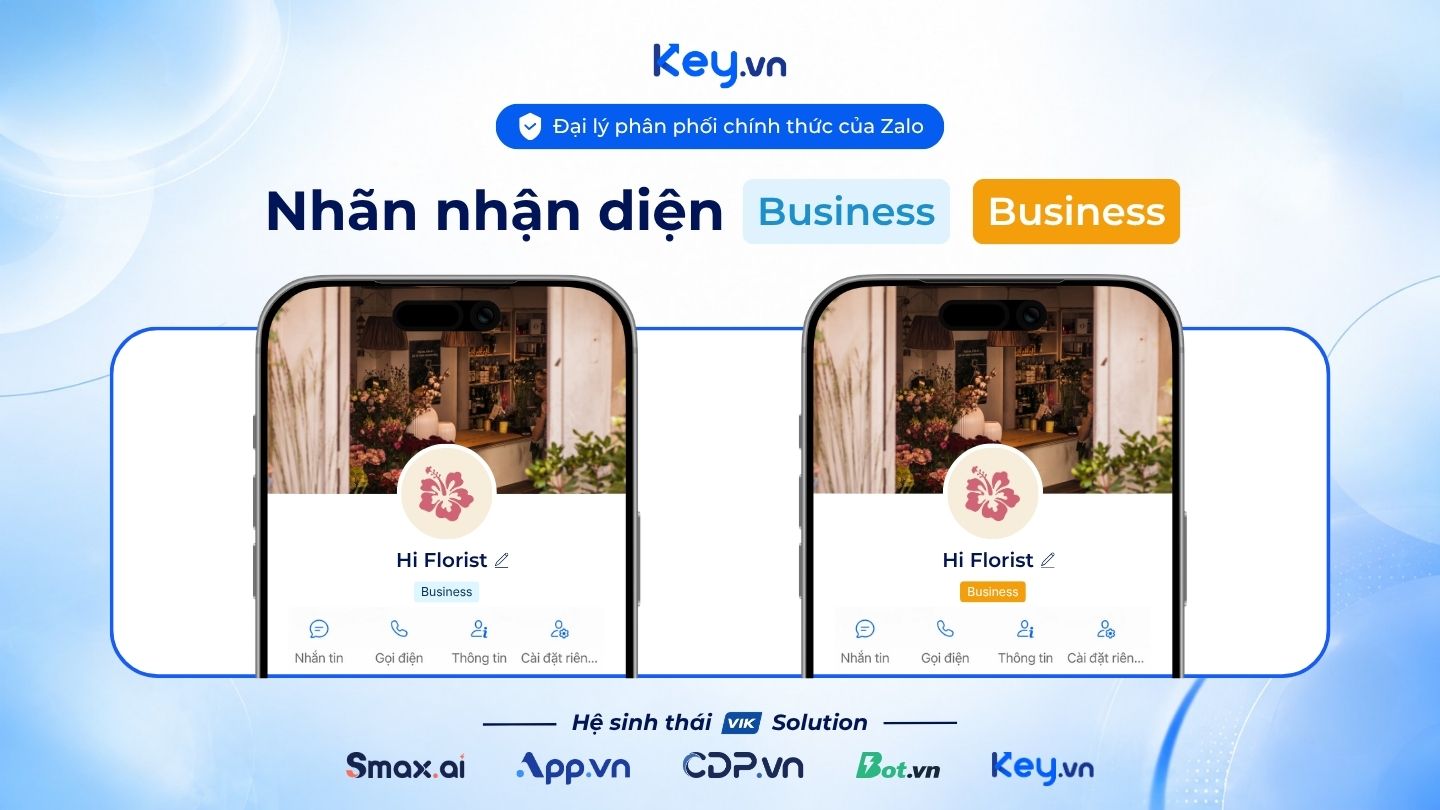 Biểu diễn 2 nửa điện thoại, trên màn hình điện thoại 1 là trang cá nhân Zalo có nhãn hiệu Business xanh, màn hình điện thoại 2trang cá nhân Zalo có nhãn hiệu Business vàng