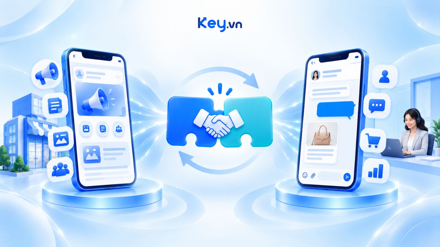 Nửa bên trái là hình điện thoại với màn hình biểu diễn tính năng Zalo OA, nửa bên phải là hình điện thoại với màn hình mô tả tính năng của Zalo Business. Biểu tượng bắt tay biểu thị sự kết hợp giữa hai giải pháp