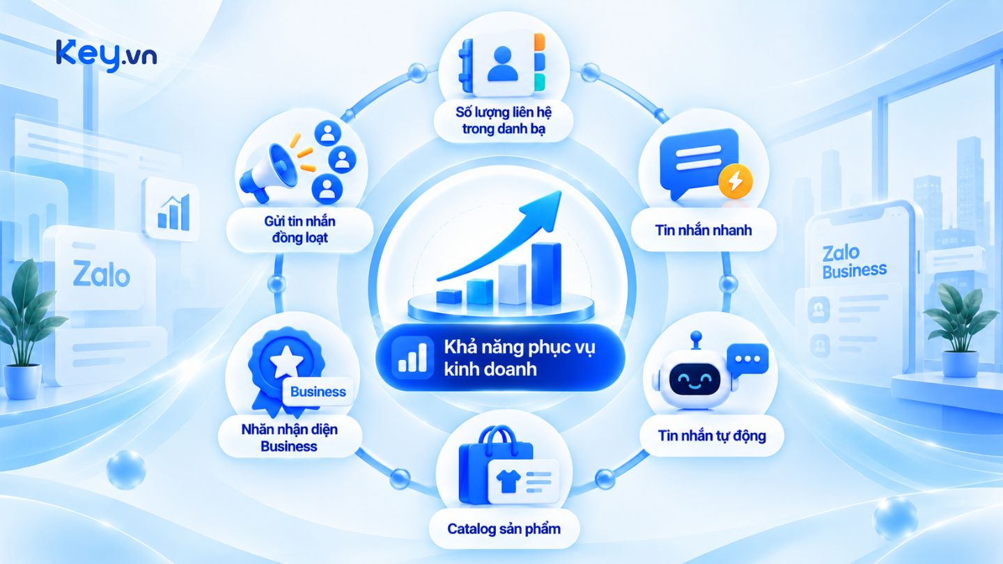 Các tính năng nổi bật của Zalo Business gồm danh bạ, tin nhắn nhanh, tin nhắn tự động, catalog sản phẩm, nhãn Business và gửi tin nhắn đồng loạt