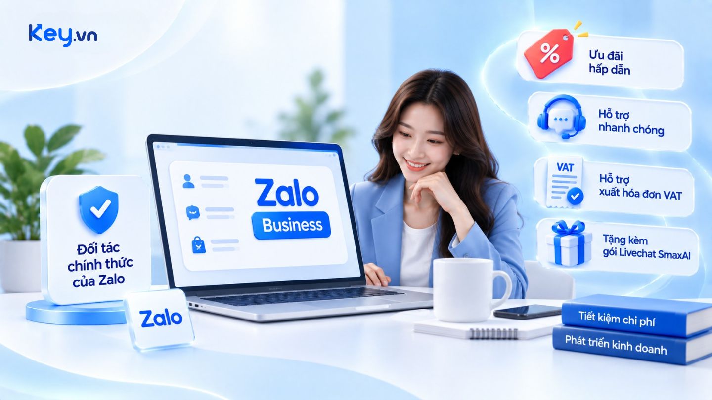 Quyền lợi khi mua Zalo Business tại Key.vn gồm ưu đãi, hỗ trợ nhanh, xuất hóa đơn VAT và quà tặng SmaxAI